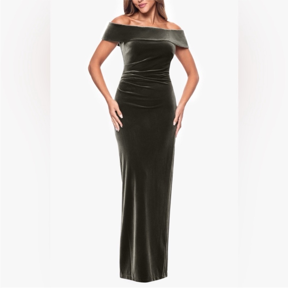 Xscape Green Off-Shoulder Sleeveless Gown